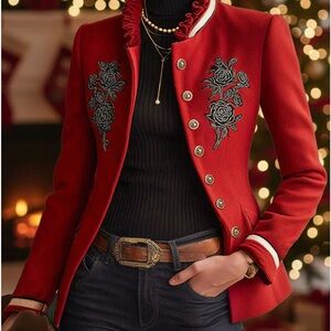 Elegant Red Embroidered Women's Jacket